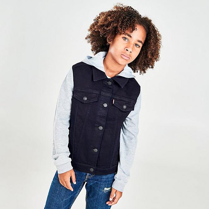 Back Left view of Boys' Levi's® Hooded Hybrid Knit Denim Trucker Jacket in Black Rinse Click to zoom