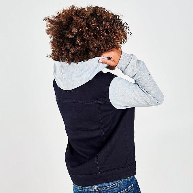 Back Right view of Boys' Levi's® Hooded Hybrid Knit Denim Trucker Jacket in Black Rinse Click to zoom