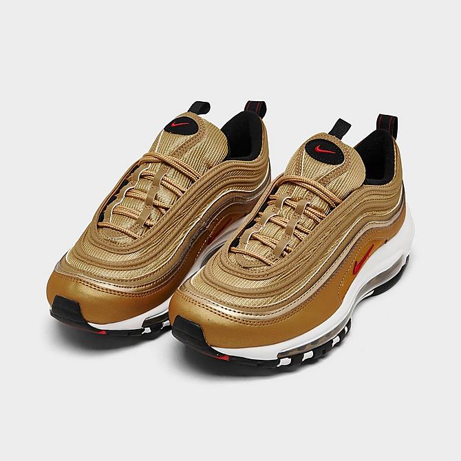 Three Quarter view of Big Kids' Nike Air Max 97 OG Casual Shoes in Metallic Gold/Varsity Red/Black/White Click to zoom