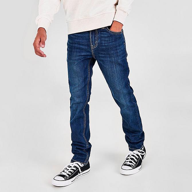 Front Three Quarter view of Boys' Levi's® 512™ Slim Taper Fit Performance Jeans in Catch A Wave Click to zoom