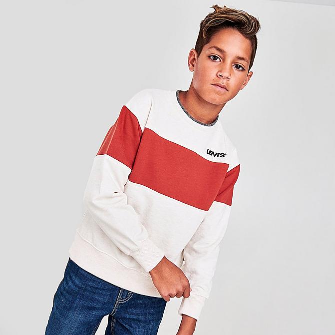Front view of Boys' Levi's® Colorblock Fleece Crewneck Sweatshirt in White/Red Click to zoom