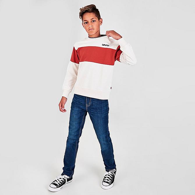 Front Three Quarter view of Boys' Levi's® Colorblock Fleece Crewneck Sweatshirt in White/Red Click to zoom