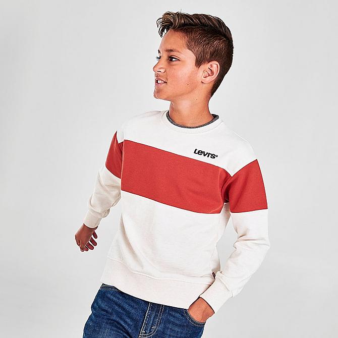 Back Left view of Boys' Levi's® Colorblock Fleece Crewneck Sweatshirt in White/Red Click to zoom