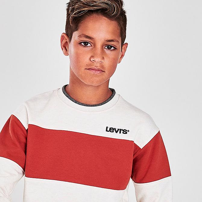 On Model 5 view of Boys' Levi's® Colorblock Fleece Crewneck Sweatshirt in White/Red Click to zoom
