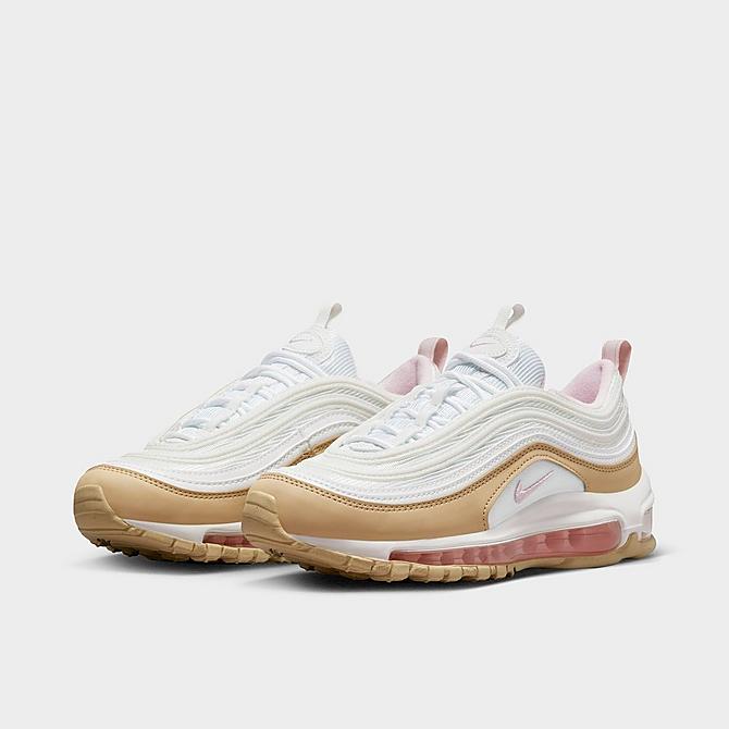 Three Quarter view of Girls' Big Kids' Nike Air Max 97 Casual Shoes in Summit White/Sesame/White/Pink Foam Click to zoom