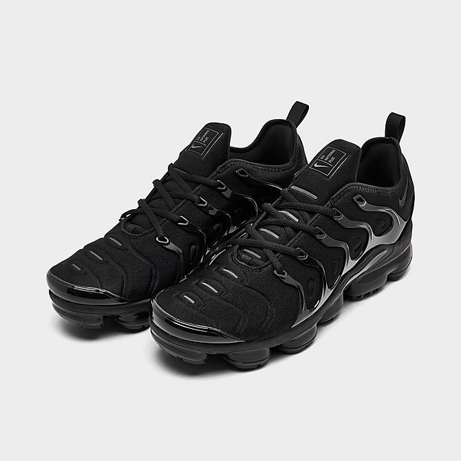 Three Quarter view of Nike Air VaporMax Plus Running Shoes in Black/Black/Dark Grey Click to zoom