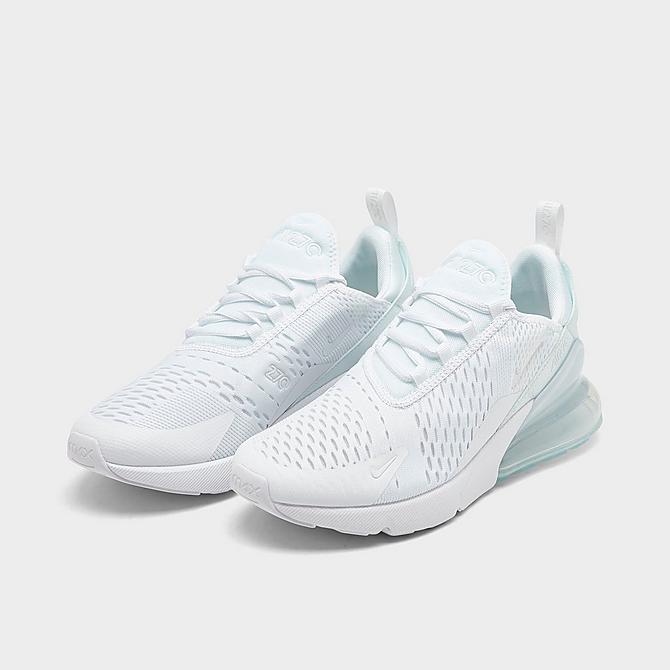 Three Quarter view of Big Kids' Nike Air Max 270 Casual Shoes in White/White/Metallic Silver Click to zoom