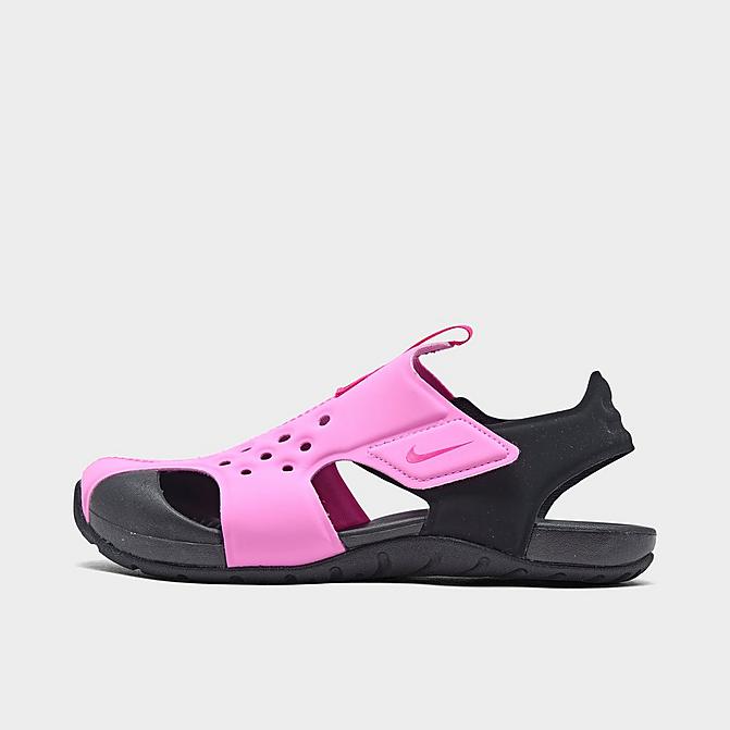 Right view of Girls' Little Kids' Nike Sunray Protect 2 Hook-and-Loop Sandals in Psychic Pink/Black/Laser Fuchsia Click to zoom