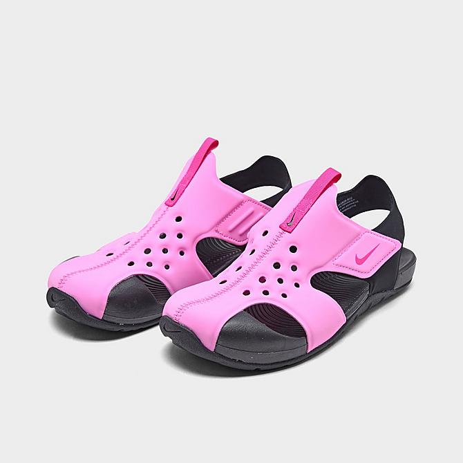 Three Quarter view of Girls' Little Kids' Nike Sunray Protect 2 Hook-and-Loop Sandals in Psychic Pink/Black/Laser Fuchsia Click to zoom