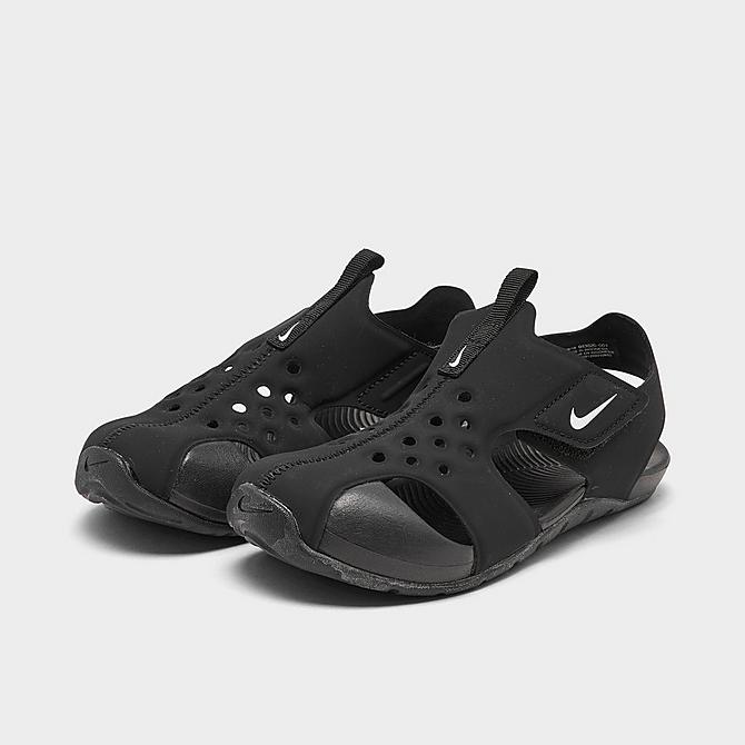 Three Quarter view of Boys' Little Kids' Nike Sunray Protect 2 Hook-and-Loop Sandals in Black/White Click to zoom