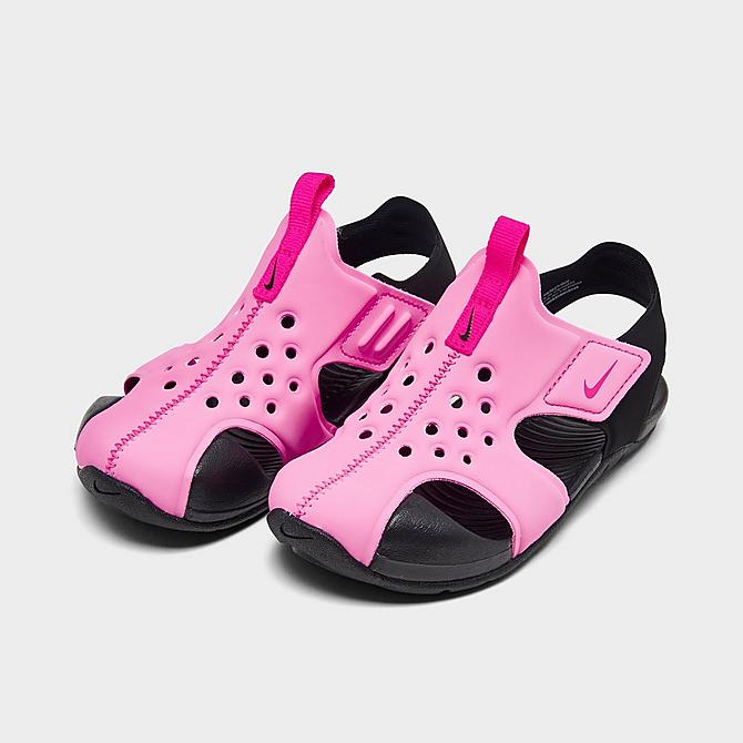 Three Quarter view of Girls' Toddler Nike Sunray Protect 2 Sandals in Psychic Pink/Laser Fuschia/Black Click to zoom