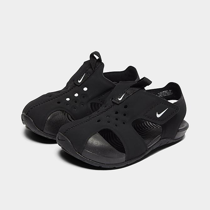 Three Quarter view of Boys' Toddler Nike Sunray Protect 2 Hook-and-Loop Sandals in Black/White Click to zoom