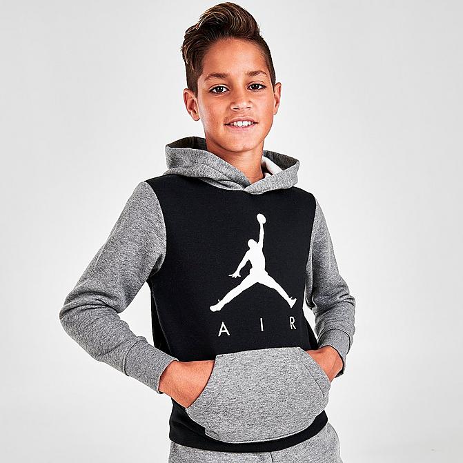 Front view of Kids' Jordan Jumpman Air Colorblock Pullover Hoodie in Black/Grey Click to zoom