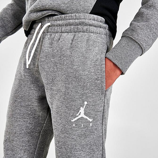 On Model 5 view of Boys' Jordan Air Colorblock Fleece Jogger Pants in Carbon Heather/Black Click to zoom
