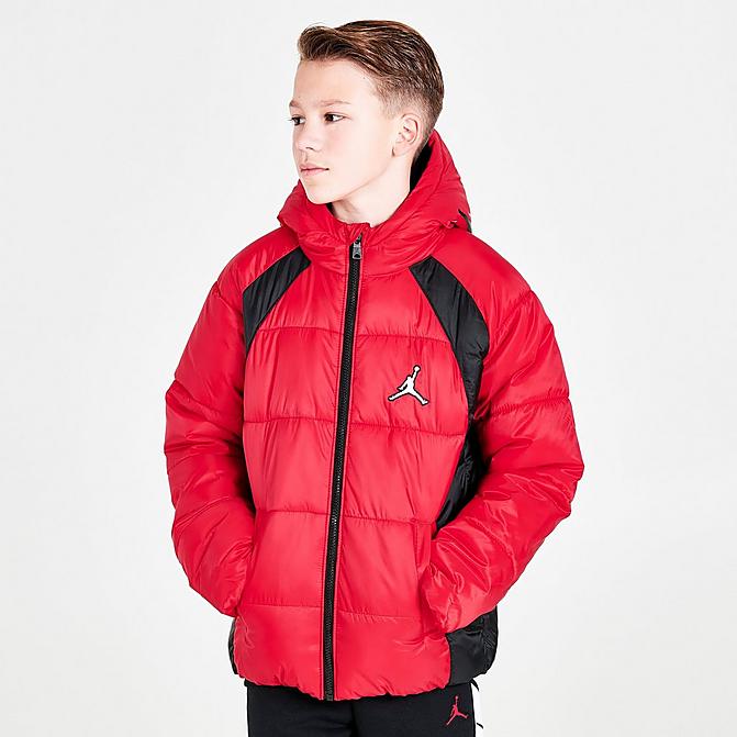 Front view of Boys' Jordan Flight Puffer Jacket in Red/Black Click to zoom