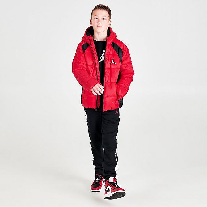 Front Three Quarter view of Boys' Jordan Flight Puffer Jacket in Red/Black Click to zoom