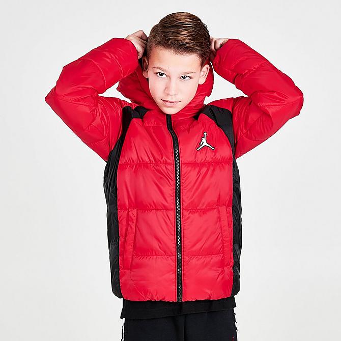 Back Left view of Boys' Jordan Flight Puffer Jacket in Red/Black Click to zoom