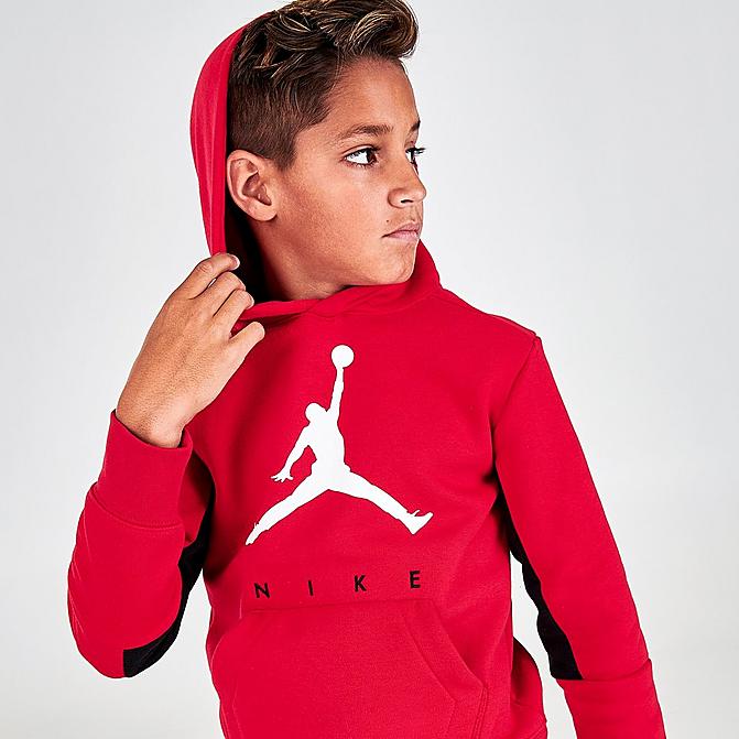 Front view of Boys' Jordan By Nike Hoodie in Red/Black Click to zoom