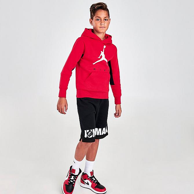 Front Three Quarter view of Boys' Jordan By Nike Hoodie in Red/Black Click to zoom