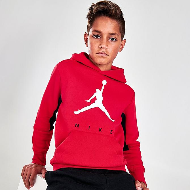 Back Left view of Boys' Jordan By Nike Hoodie in Red/Black Click to zoom
