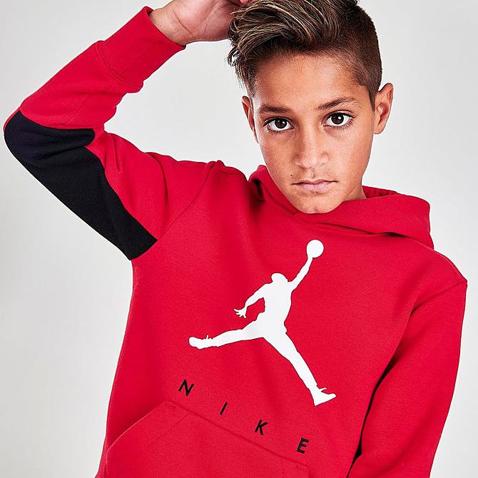 On Model 5 view of Boys' Jordan By Nike Hoodie in Red/Black Click to zoom