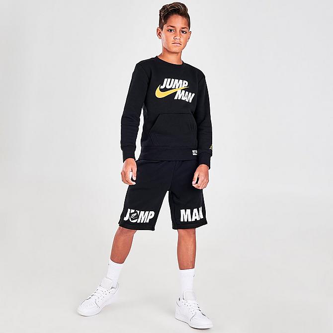 Front Three Quarter view of Boys' Jordan By Nike Split Graphic Crewneck Sweatshirt in Black Click to zoom