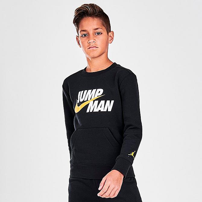 Back Left view of Boys' Jordan By Nike Split Graphic Crewneck Sweatshirt in Black Click to zoom