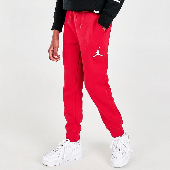 Front Three Quarter view of Boys' Jordan Jumpman by Nike Jogger Sweatpants in Red/Black Click to zoom