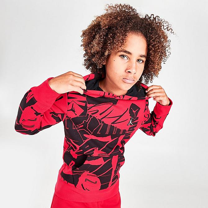 Back Left view of Boys' Jordan Essentials Allover Print Hoodie in Red/Black Click to zoom