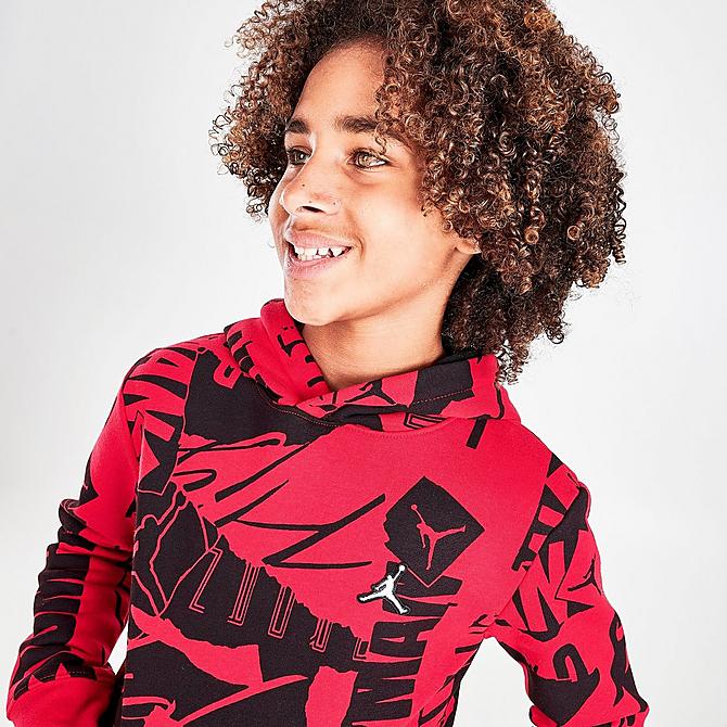 On Model 6 view of Boys' Jordan Essentials Allover Print Hoodie in Red/Black Click to zoom