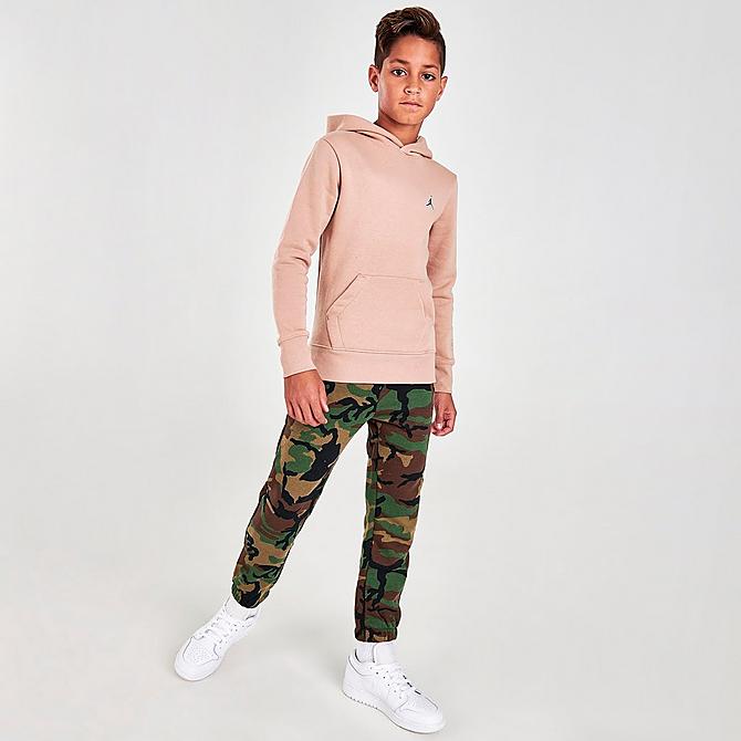 Front Three Quarter view of Boys' Jordan Essentials Logo Hoodie in Light Pink Click to zoom
