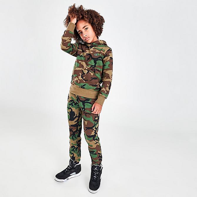 Front Three Quarter view of Boys' Jordan Essentials Camo Pullover Hoodie in Camo Green Click to zoom