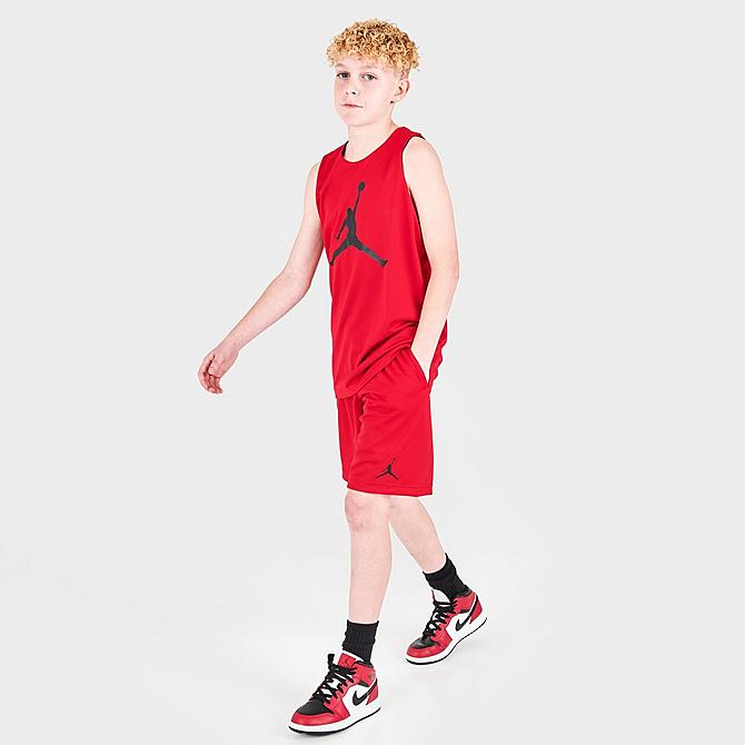 Front Three Quarter view of Kids' Jordan Reversible Mesh Shorts in Gym Red Click to zoom