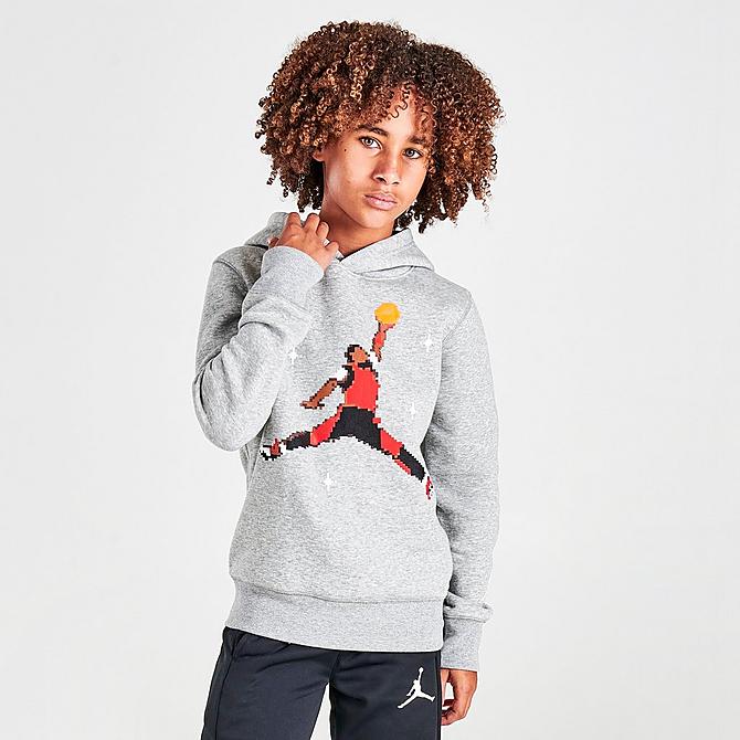 Back Left view of Kids' Nike Holiday Jumpman Pullover Hoodie in Grey Click to zoom