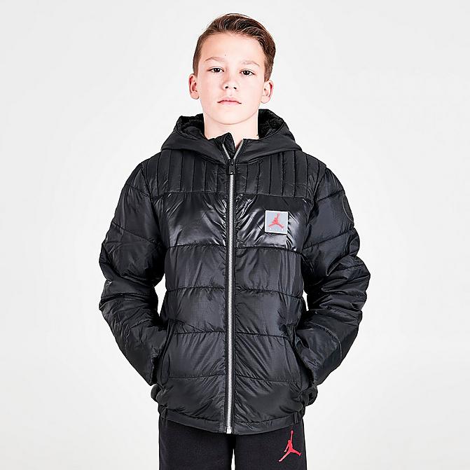 Front view of Boys' Jordan Mixed Media Insulated Puffer Jacket in Black/Silver Click to zoom