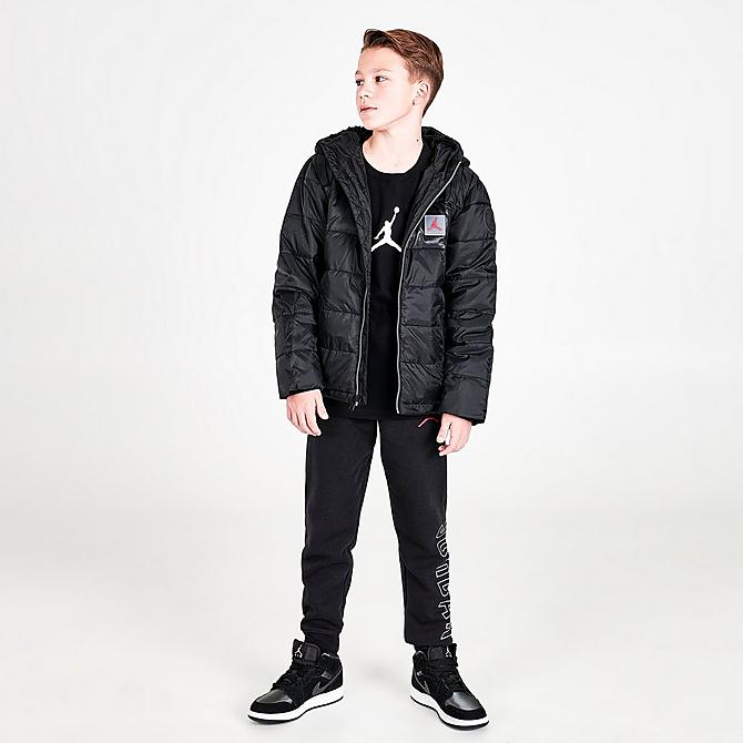 Front Three Quarter view of Boys' Jordan Mixed Media Insulated Puffer Jacket in Black/Silver Click to zoom