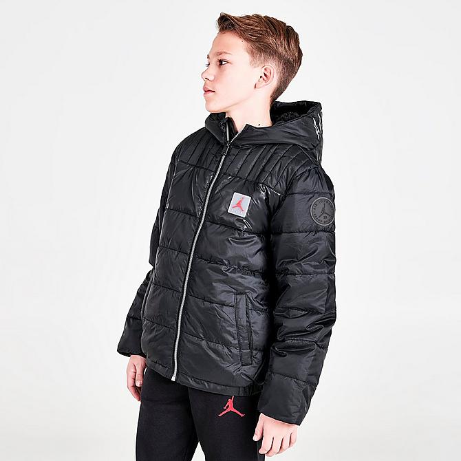 Back Left view of Boys' Jordan Mixed Media Insulated Puffer Jacket in Black/Silver Click to zoom