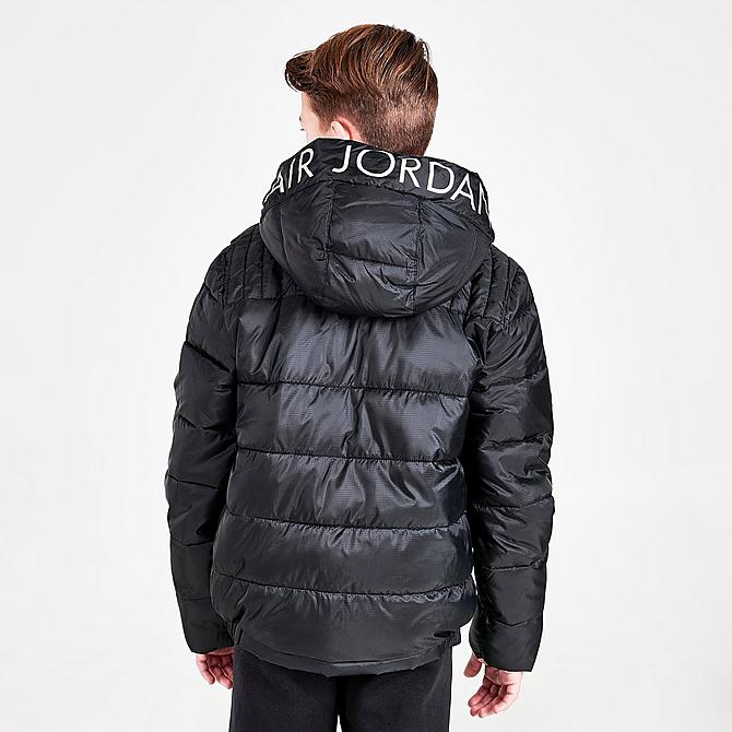 Back Right view of Boys' Jordan Mixed Media Insulated Puffer Jacket in Black/Silver Click to zoom