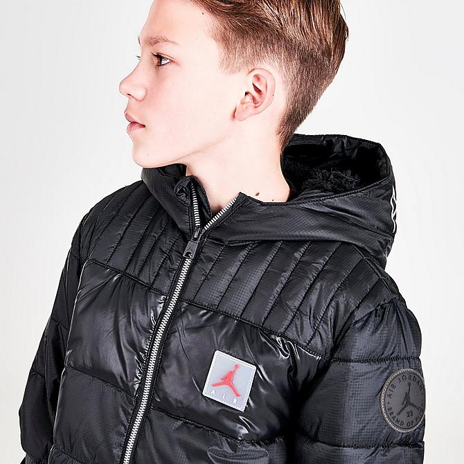 On Model 5 view of Boys' Jordan Mixed Media Insulated Puffer Jacket in Black/Silver Click to zoom
