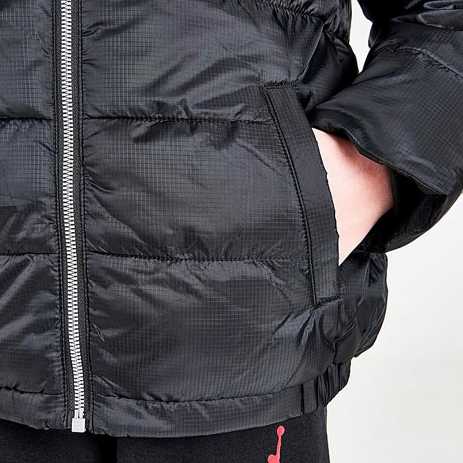 On Model 6 view of Boys' Jordan Mixed Media Insulated Puffer Jacket in Black/Silver Click to zoom