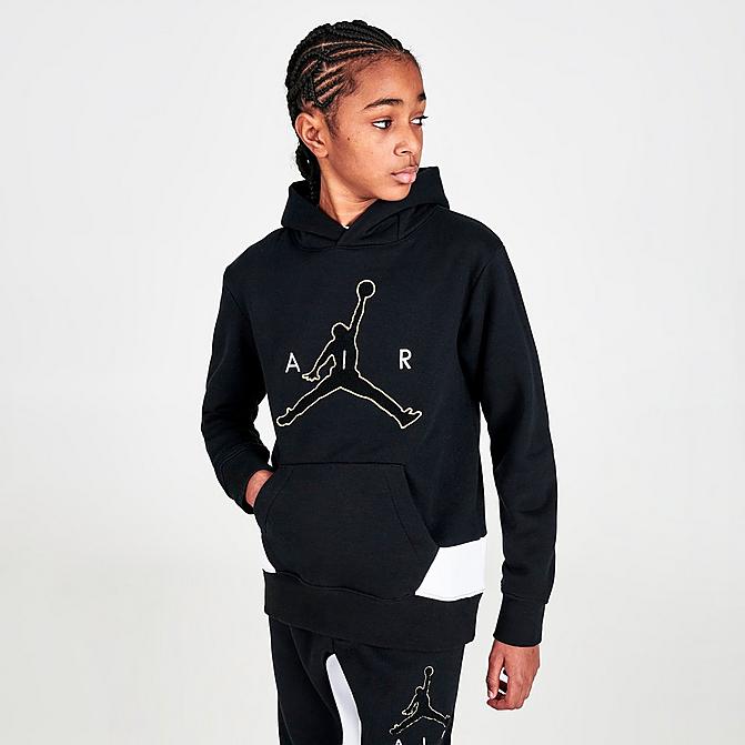 Front view of Boys' Jordan Jumpman by Nike Metallic Hoodie in Black/Gold Click to zoom