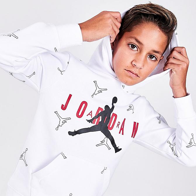 Front view of Boys' Jordan Jumpman All Over Print Hoodie in White Click to zoom