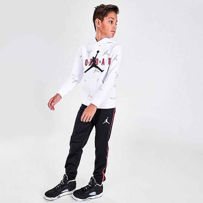 Front Three Quarter view of Boys' Jordan Jumpman All Over Print Hoodie in White Click to zoom