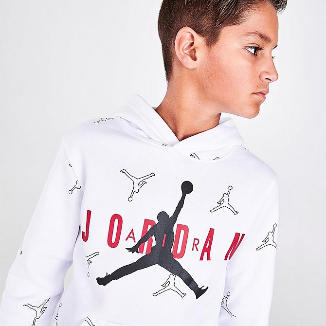 On Model 6 view of Boys' Jordan Jumpman All Over Print Hoodie in White Click to zoom