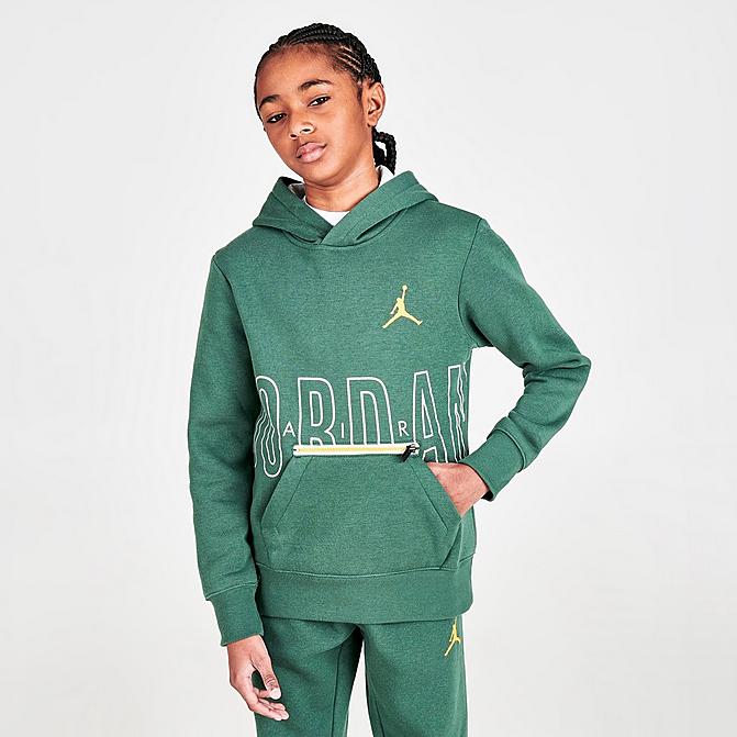Front view of Boys' Jordan Air Utility Pullover Hoodie in Noble Green Click to zoom