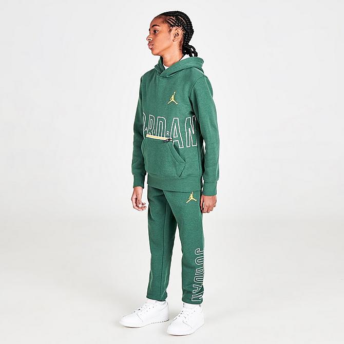 Front Three Quarter view of Boys' Jordan Air Utility Pullover Hoodie in Noble Green Click to zoom