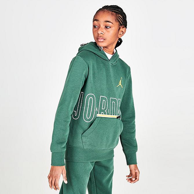 Back Left view of Boys' Jordan Air Utility Pullover Hoodie in Noble Green Click to zoom