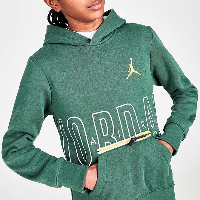 On Model 5 view of Boys' Jordan Air Utility Pullover Hoodie in Noble Green Click to zoom