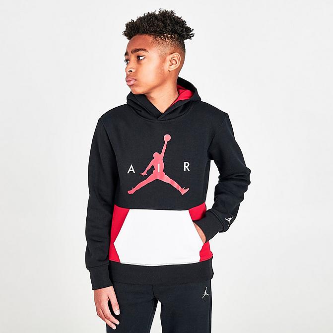 Front view of Boys' Jordan Wild Utility Pullover Hoodie in Black/Red Click to zoom