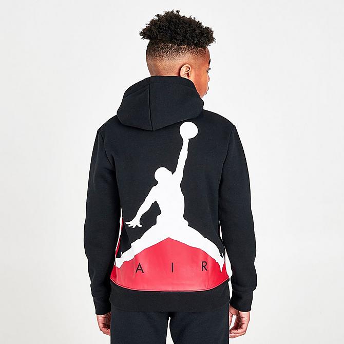 Back Right view of Boys' Jordan Wild Utility Pullover Hoodie in Black/Red Click to zoom